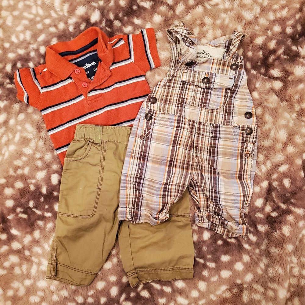 Oshkosh B'Gosh Bundle, 3 Pieces, Polo, Overalls, Plaid, 6 Month Boy